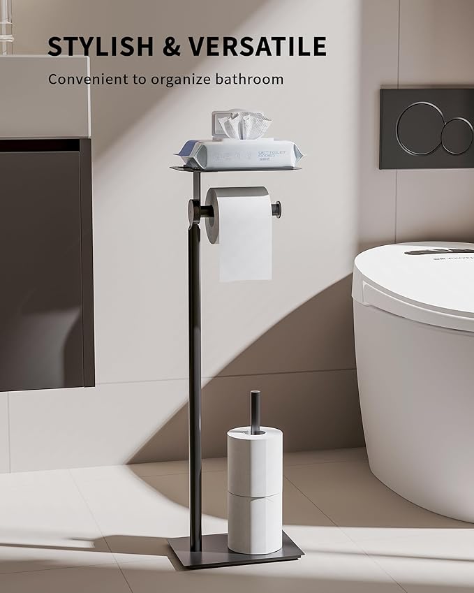 Toilet Paper Holder Stand, Free Standing Toilet Paper Holder with Shelf for Bathroom, Stainless Steel Toilet Paper Roll Holder with Storage, Reserve for 3 Rolls, Weighted Base(Matte Black)