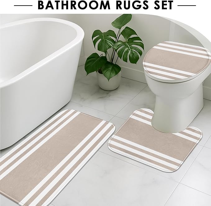 Striped Beige Shower Curtain Set with Toilet Lid Cover and Non-Slip Rugs for Bathroom, Minimalist Modern 4 Pcs Shower Curtain, Neutral Bathroom Set with 12 Hooks