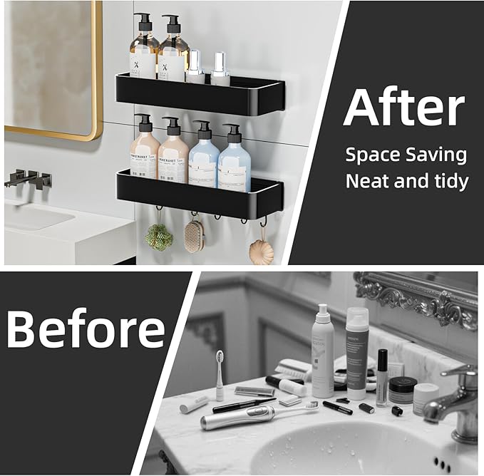 Wisfame Shower Caddy Adhesive, No Drill Rustproof Bathroom Shelf, 2 Pack Large Capacity Aluminum Shower Shelves, Shower Organizer Rack with 5 Removable Hooks,Black