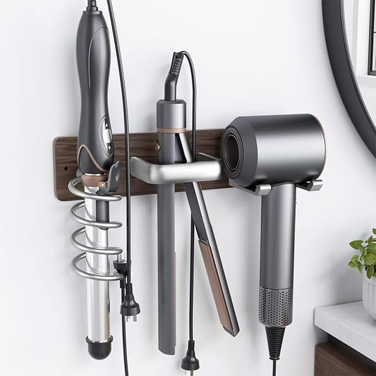 Tindbea Hair Dryer Holder Curling Iron Holder Flat Iron, Blow Dryer Holder Wall Mount, 3 in 1 Bathroom Hair Tool Organizer Rack for Universal Dryer, Walnut Wood Silver Color Metal