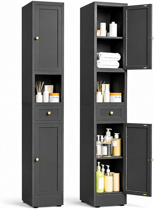 71 Inch Tall Narrow Bathroom Storage Cabinet, Slim Metal Freestanding Floor Cabinet with Doors, Adjustable Shelves, Drawer & Open Shelf, Bathroom Organizer for Small Spaces, Black
