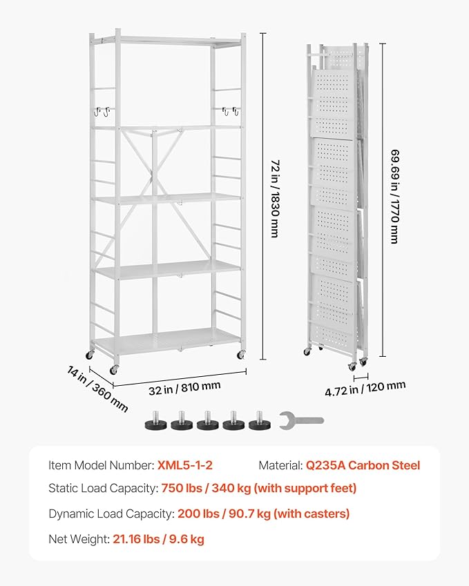 VEVOR 5-Tier Foldable Storage Shelf, 32W x 14D x 72H Inch Folding Metal Rack Shelving Unit, Heavy Duty No Assembly Organizer Shelf with 5 Wheels & 4 Hooks for Pantry, Kitchen, Garage, Basement, White