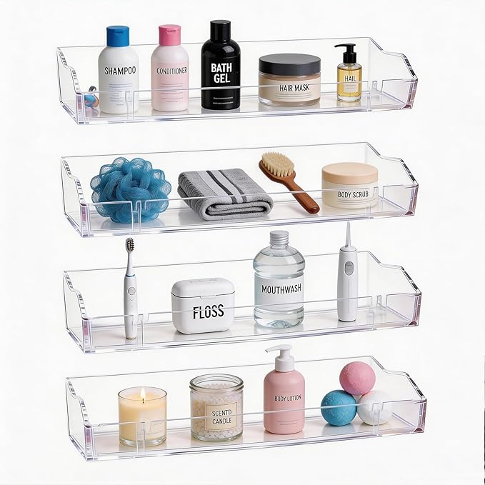 Acrylic Floating Shelves, Clear Bathroom Shelves Wall Mounted, Multi-Use Wall Storage Organizer for Bathroom, Kitchen, Bedroom, Living Room，Study Room (4pcs)