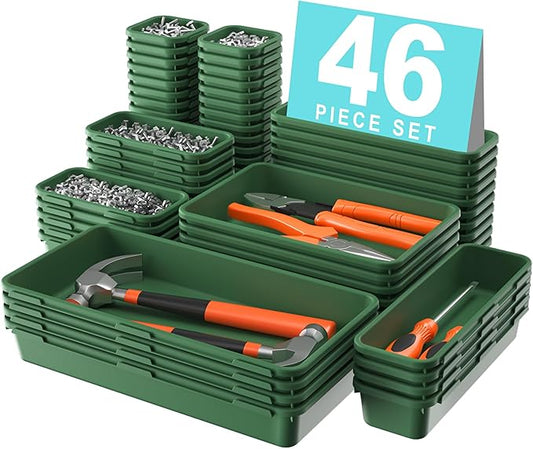 A-LuGei 【𝟰𝟲𝗣𝗖𝗦 & 5 Size】 Tool Box Organizer Tray Divider Set,【Army Green】 Desk Drawer Organizer,Garage Organization and Storage Toolbox Accessories Rolling Tool Chest Cart WorkBench Small Part