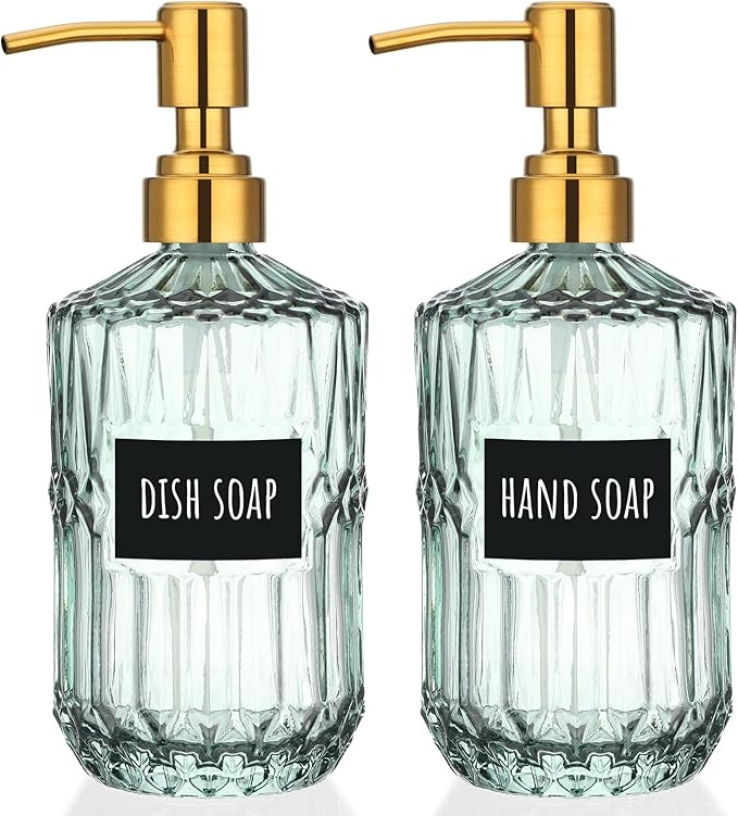 Segbeauty 15.2oz Glass Shampoo and Conditioner Dispenser with Label Stickers, 2pcs Green Glass Soap Dispensers with Stainless Steel Pump, 450ml Lotion Pump Bottle Liquid Containers for Cream Body Wash