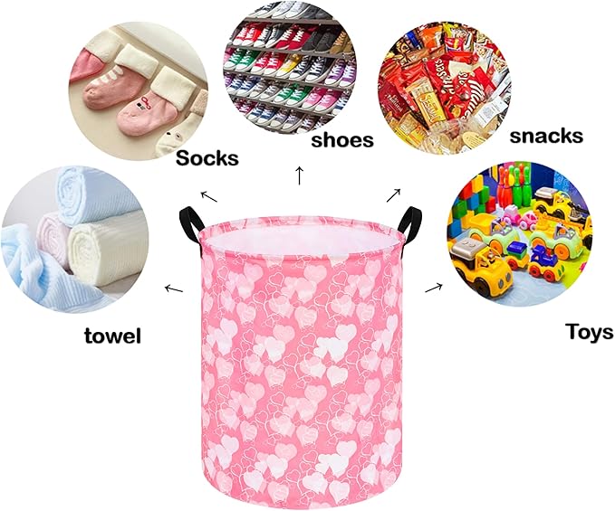 Kids Laundry Hamper Storage Basket Laundry Organizer Hamper Storage Bins Clothes Box Nursery Hamper Gift Basket with Handles (White heart)