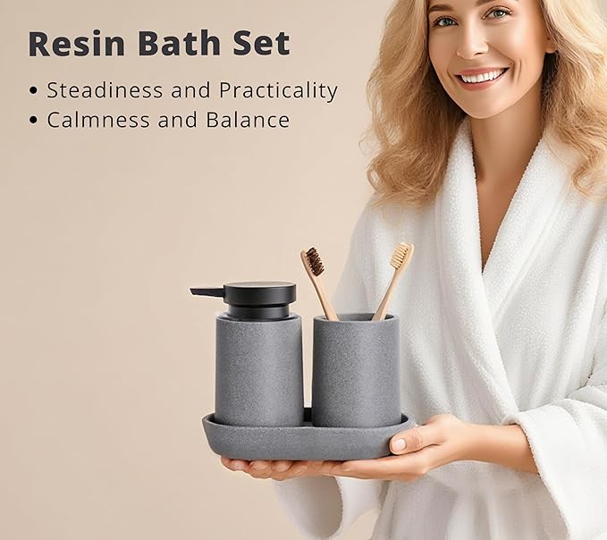 Clasin Home 3 Pcs Bathroom Accessories Set, Liquid Soap Dispenser with Large Pump, Toothbrush Holder Cup and Soap Dish, Sandstone Texture Bathroom Counter Set for Modern Home (Gray)