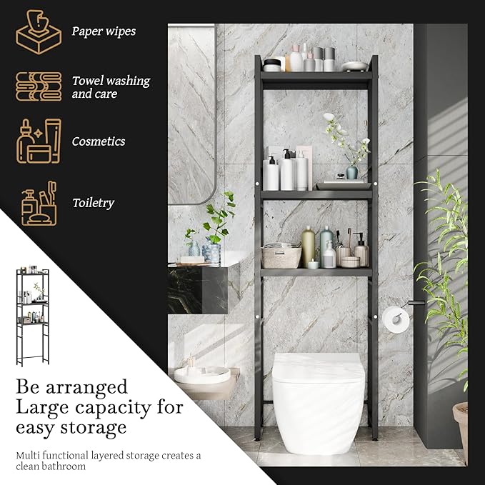 1 Set Over The Toilet Storage, 3-Tier Bathroom Laundry Storage Rack Space-Saving Organizer Household Supplies (Black-S)