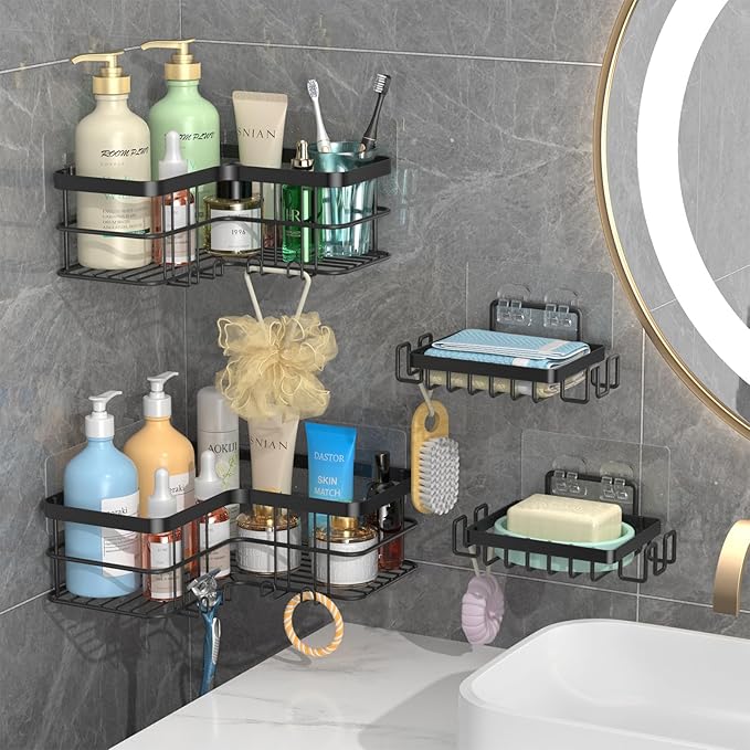 Corner Shower Caddy, 4-Pack Adhesive Shower Shelves with Soap Holder No Drilling, Rustproof Bathroom Shower Organizer Storage, Black