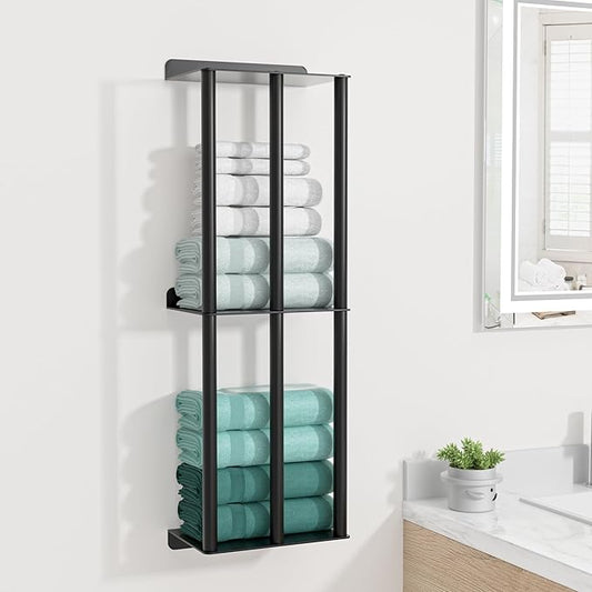 susswiff Towel Racks for Bathroom: 26 Inch Wall Mounted Towel Holder, Upgrade 2-Tier Towel Rack with 3-Vertical-Bars and 3-Steel-Shelves, for Modern Decor Bathroom Towel Storage (Matte Black)