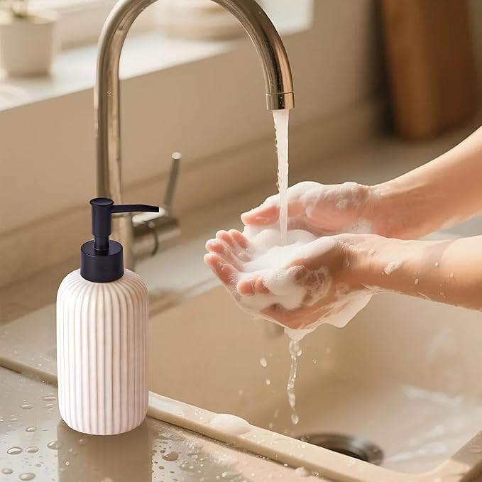 Hand Soap Dispenser Bathroom Accessories, 15oz Ceramic Dish Soap Dispenser for Kitchen Sink, Refillable Liquid Pump Bottle for Shampoo, Lotion, Conditioner, Black White Bathroom Decor