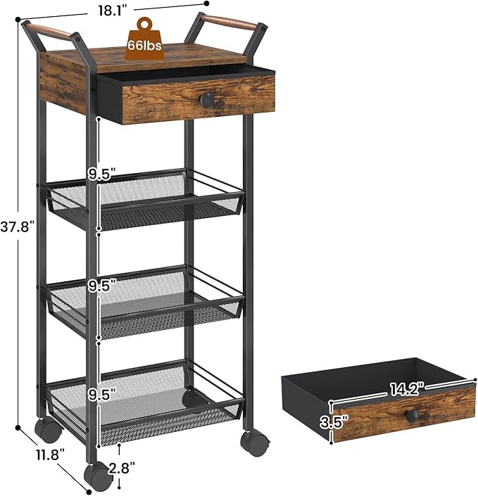 Asgolion Large Fruit Vegetable Storage Cart, 5-Tier Kitchen Rolling Cart with Wheels & Drawer, Metal Wire Storage Basket Organizer Baskets for Kitchen, Pantry, Bathroom