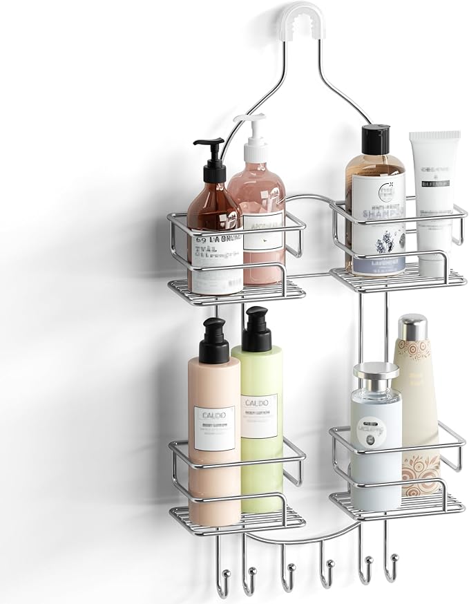 SRIWATANA Shower Caddy Organizer Hanging Over Head, Bathroom Shower Rack Hanger with Hooks for Razors - Chrome
