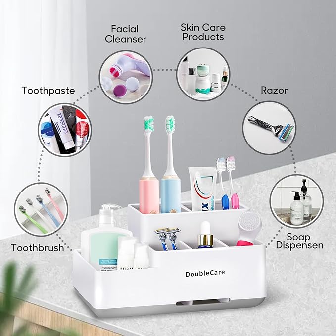Toothbrush Holder with Anti-Slip, Bathroom Organizer Countertop Detachable for Easy Cleaning, Multifunctional Storage, Bathroom Caddy for Toothpaste, Shaver,Great for Home, Vanity Organizer, Office