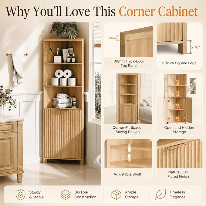 VINGLI 68" Tall Corner Cabinet with Fluted Door, Natural Oak Corner Storage Cabinet with Adjustable Shelves, Freestanding Bathroom Corner Cabinet with 30mm Thick-Look Top & Square Legs