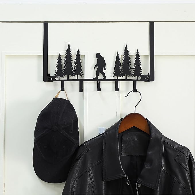 AceOrbit Black Bigfoot Over The Door Hooks Hanger Wall Mount Towel Hanger Door Holder Organizer 5 Hooks Kawaii Farmhouse Rustic Coquettish Style Decor for Bedroom Bathroom Towel Hat Clothes