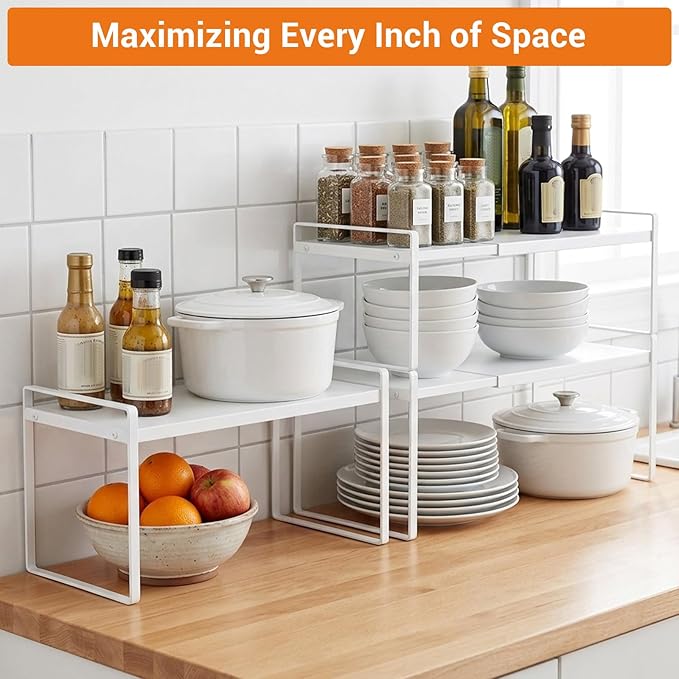 Kenaoeoe Expandable Cabinet Shelf Organizer Riser Adjustable Kitchen Cabinet Organizer for Pantry Cupboard Under Sink Countertop, Space Saver Storage Rack, White
