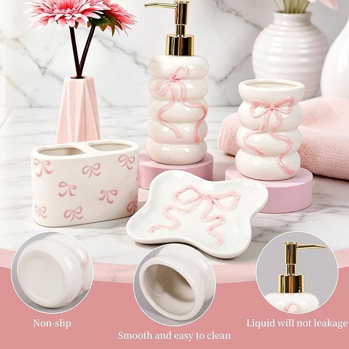 JarThenaAMCS 4Pcs Pink 3D Bow Bathroom Accessories Coquette Ceramic Liquid Dispenser Toothbrush Holder Tumbler Soap Dish for Valentine's Day Home Vanity Decor