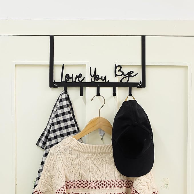 AceOrbit Love You Bye Over the Door Hooks Hanger Wall Mount Towel Hanger Door Holder Organizer 5 Hooks Kawaii Farmhouse Rustic Coquettish Style Decor for Bedroom Bathroom Towel Hat Clothes
