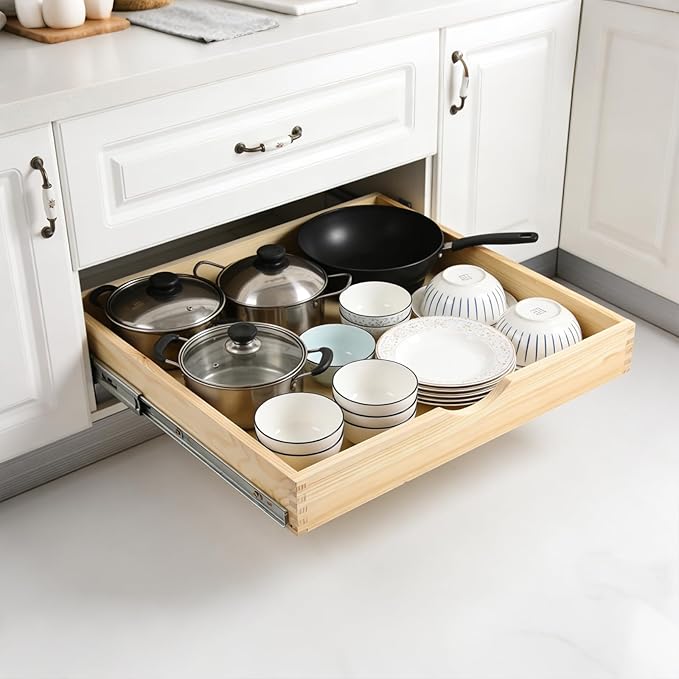26" Pull Out Cabinet Drawer (Fits 27" Cabinet Opening), Wood Slide Out Cabinet Shelf Organizer with Ball Bearing Slides, Clear Lacquer Finish, Heavy Duty Kitchen Cabinet Pull Out Shelves