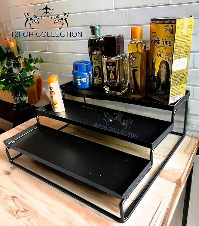 Iron Metal Heavy Duty Stand 3-Tier multistorage/Multipurpose Standing Rack for Home, Bathroom Countertop Storage Shelf, Cosmetic Organizer Holder Kitchen Spice Rack, Black