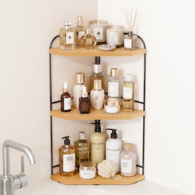 Corner Bathroom Counter Organizer, 3-Tier Wood Countertop Organizer for Perfume, Makeup Storage, Skincare Organizers for Vanity, Counter Corner Shelf for Kitchen, Bathroom, Dresser (Natural)