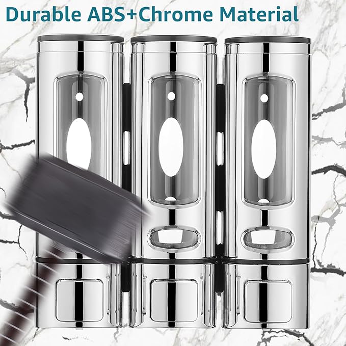Shampoo and Conditioner Dispenser,Shower Shampoo Dispenser 3 Chamber No Drilled Shampoo Dispenser for Shower Wall Mounted Shower Dispenser Body Wash Dispenser for Bathroom Kitchen Hotel,Chrome