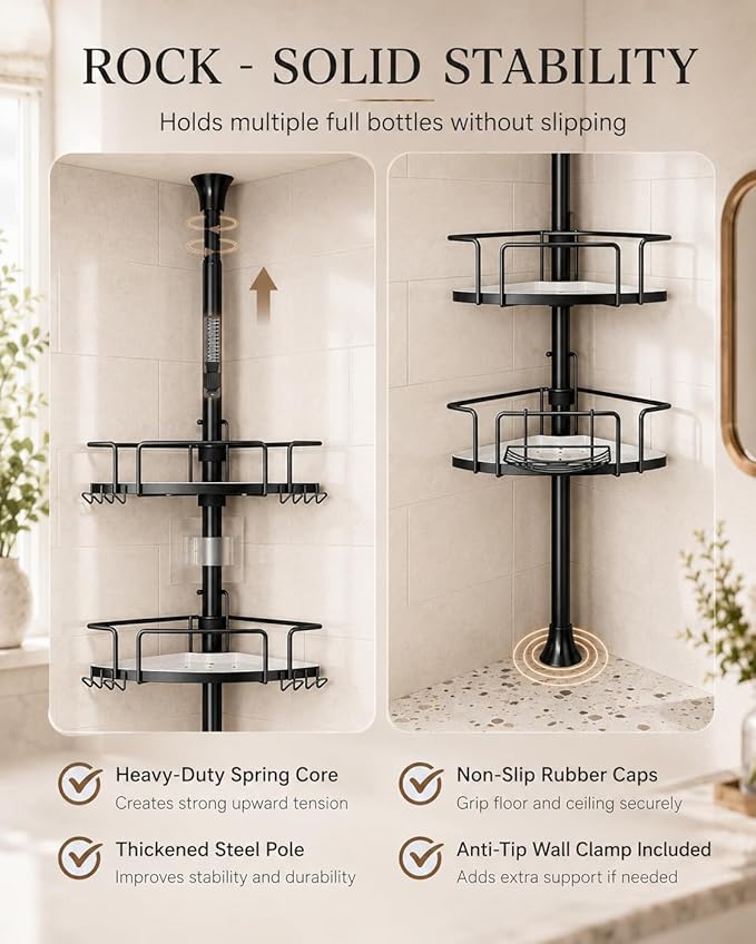 ALLZONE Corner Shower Caddy Tension Pole, 4 Hang-On Basket with Mixed-Height Shelves for Various Bottle Sizes, Extra Hooks & Soap Holder, Rustproof Stainless Steel, Fits 34–116 Inch, Black/White