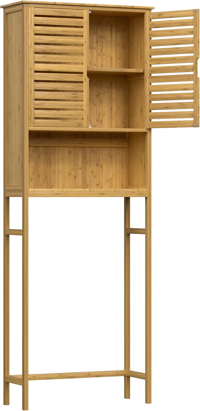 Yardenaler Over-The-Toilet Storage Shelf with Doors, Bathroom Freestanding Bamboo Organizer Space Saver with Adjustable Shelf, Natural