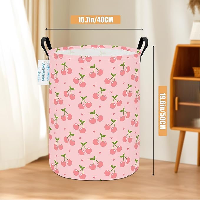 Laundry Basket Canvas Fabric Collapsible Organizer Basket for Storage Bin Toy Bins Gift Baskets Bedroom Clothes Children Nursery Hamper (Pink Cherry)