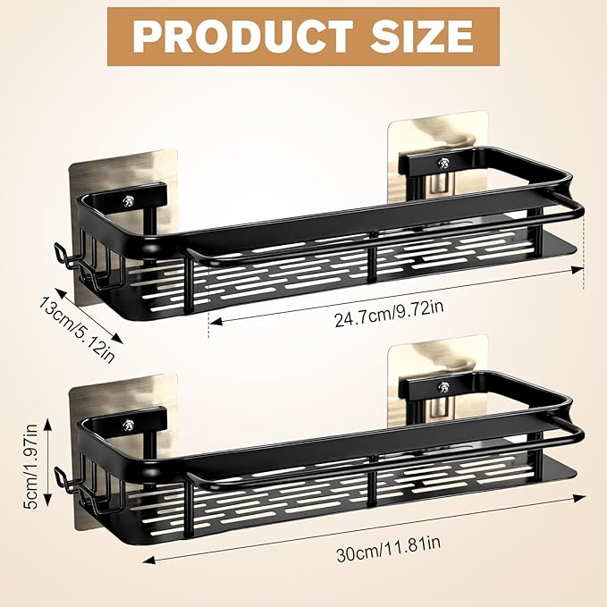 Adhesive Shower Caddy 2 Pack, No Drill Rustproof Space Aluminum Shower Organizer for Bathroom, College Dorm & Apartment, Wall Mounted Shelf with Towel Bar & Hooks for Large Bottles, Black