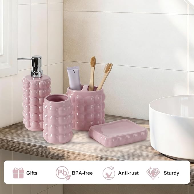 4 Piece Ceramic Bathroom Accessories Set –Soap Dispenser,Toothbrush Holder,Tumbler & Soap Dish,Includes Silicone Funnel,Non-Slip,Modern Farmhouse Countertop Organizer Set for Bathroom Decor, Pink