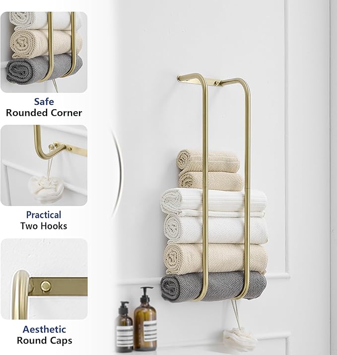 BWE Brushed Gold Towel Racks for Bathroom, Wall Mounted Towel Rack for Rolled Towels, Bathroom Towel Storage, Stainless Steel Vertical Towel Holder, Bathroom Organizer