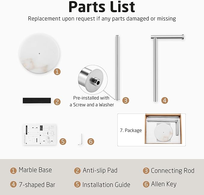 KES Toilet Paper Holder Stand, Freestanding Toilet Paper Roll Holder with Modern Natural Marble Base, White Freestanding Toilet Tissue Holder SUS304 Stainless Steel Brushed Finish BPH284S1-2