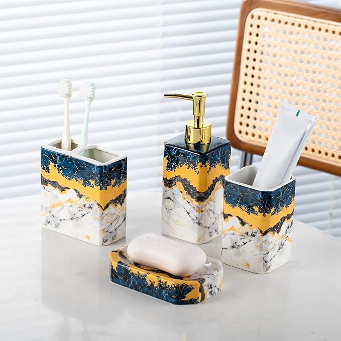 4 Piece Bathroom Accessories Set - Blue Bathroom Accessory Sets Includes Lotion Dispenser, Toothbrush Holder Tumbler, and Soap Dish - Glossy Finish (Marble, Blue)