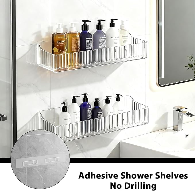 4 Pack Acrylic Shower Caddy Adhesive, Clear Shower Shelves No Drilling with Soap Holder & Toothbrush Holder, Bathroom Wall Shelf