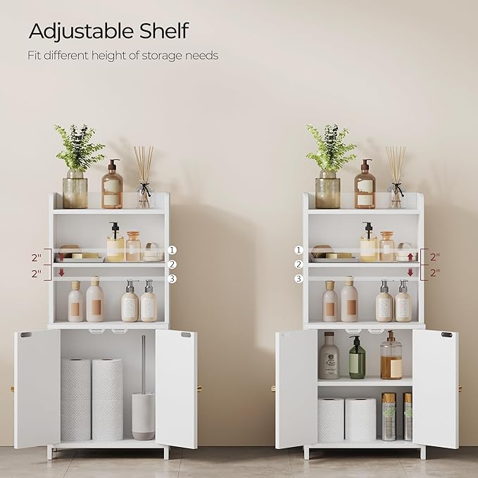 Bathroom Cabinet with 2 Doors, Small Freestanding Storage Cabinet with Adjustable Shelf, Slim Bathroom Organizers, Floor Cabinet for Small Spaces, Bathroom, 7.9" D x 14.7" W x 32" H, White