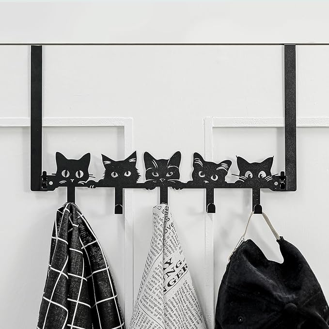 AceOrbit Cat Over The Door Hooks Hanger Wall Mount Towel Hanger Door Holder Organizer 5 Hooks Kawaii Farmhouse Rustic Coquettish Style Decor for Bedroom Bathroom Towel Hat Clothes