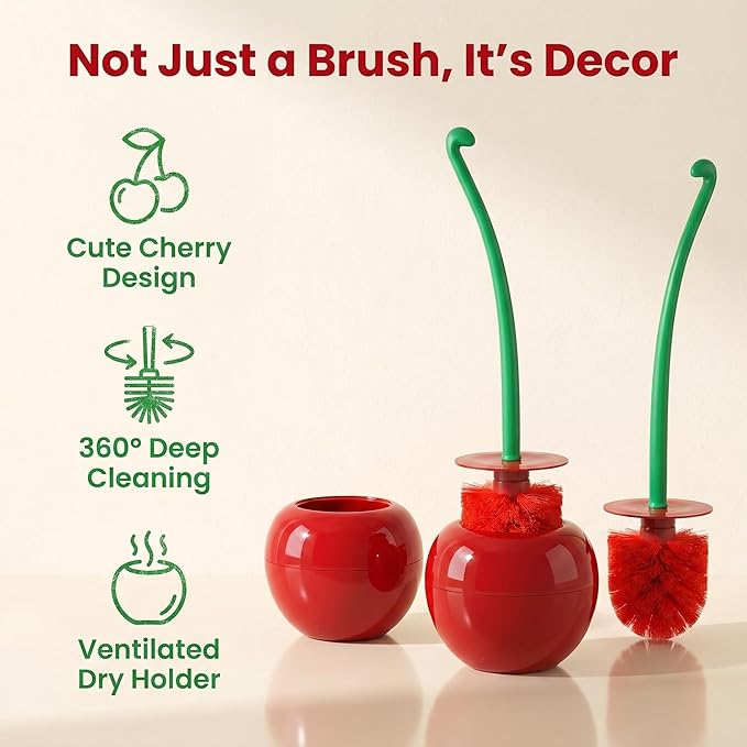 Toilet Bowl Brush with Holder Set: 360°Under Rim Toilet Scrubber Cute Cherry 2pcs-Heavy Duty Scrubbing Bristles for Apartment Bathroom