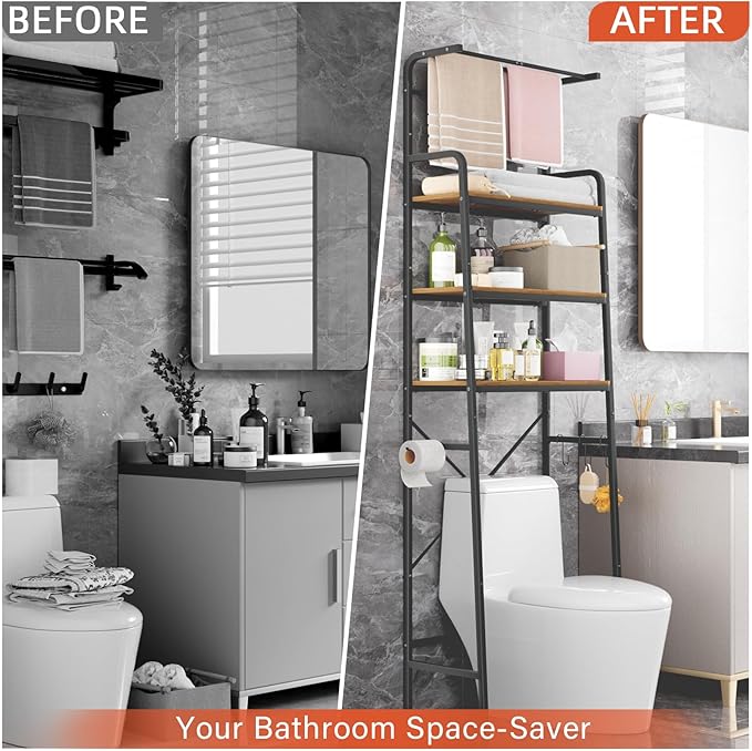 REFGY Over The Toilet Storage Cabinet,3-Tier Over The Toilet Storage Shelf with Hanging Bar,Metal Frame with Wood Bathroom Organizer Shelves,Space Saving Storage Bathroom Shelves Above Toilet for Room