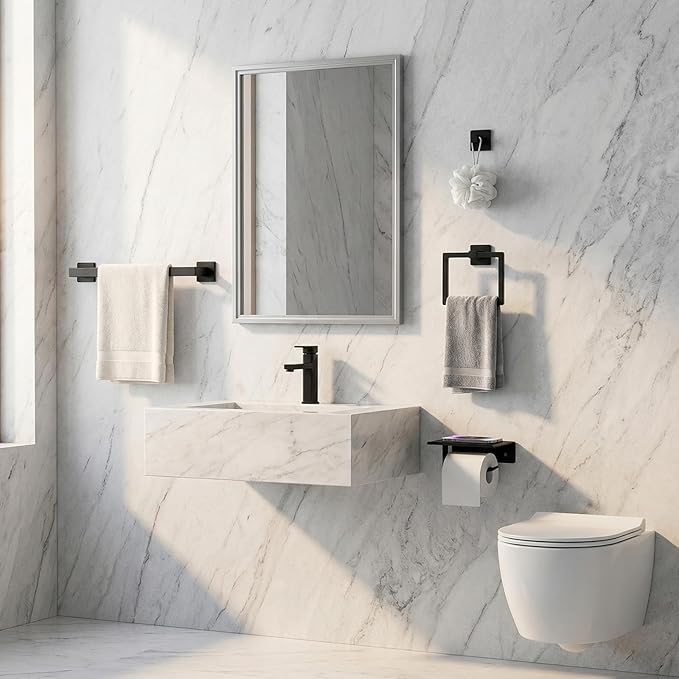 Tudoccy 5-Pieces Matte Black Bathroom Accessories Set, Bathroom Hardware Set SUS304 Stainless Steel Rustproof Wall Mounted - Includes 16" Hand Towel Bar, Toilet Paper Holder with Shelf, Towel Hooks