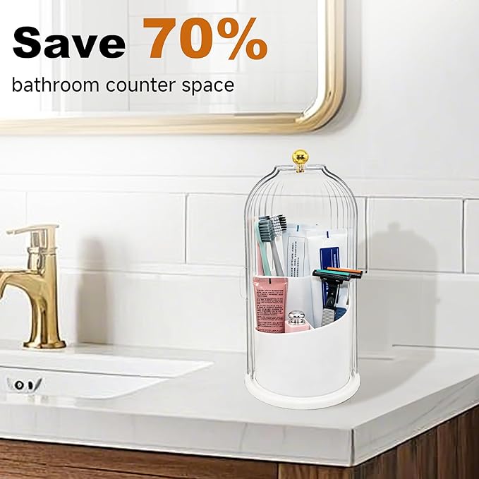 Toothbrush Holder Sliding Lid, 360° Rotating Bathroom Counter Organizer and Storage, Toothbrush and Toothpaste Holder for Bathroom Countertop, Makeup Brush Organizers for Vanity