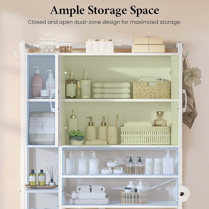 7-Tier Over the Toilet Storage Cabinet with 2 Large Drawers & 6 Hooks, Over the Toilet Storage with Toilet Paper Holder, Bathroom Over Toilet Storage for Bathroom, Laundry Room, White