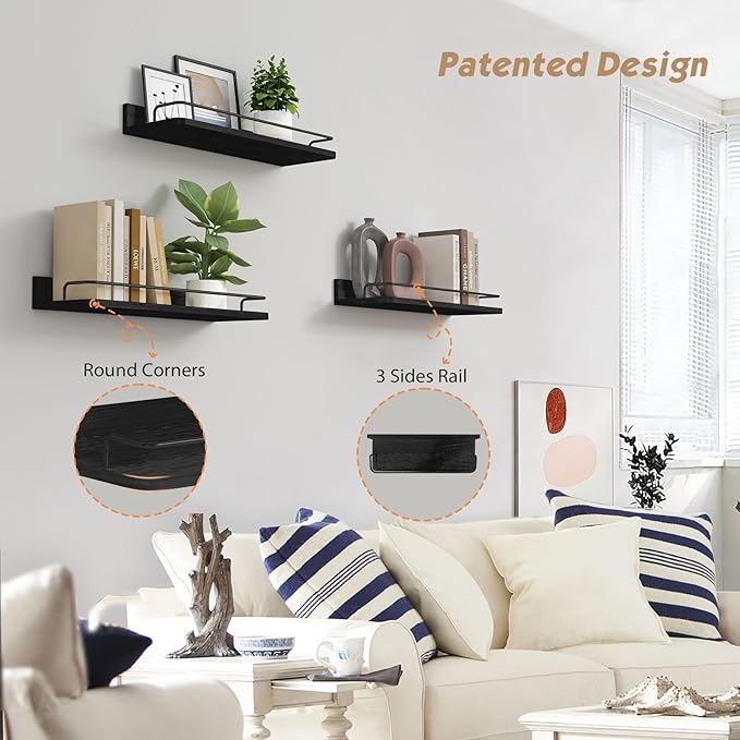 Forbena Black Floating Shelves for Wall, Bahtroom Wall Shelves Over Toilet, Rustic Hanging Shelf with Lip Rail for Bedroom Kitchen Office Living Room Picture Photo Decor, 17 Inch Long-Set of 3