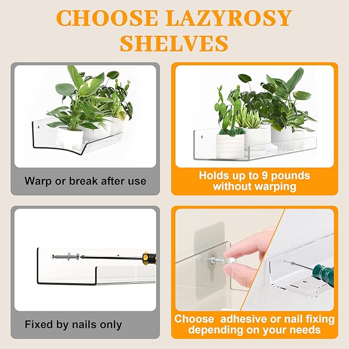 LAZYROSY 4 Pack Floating Shelves – Clear Acrylic/PET Wall-Mounted No Drill Storage with Adhesive, Invisible Bathroom & Bedroom Shelving for Kitchen, Living Room, Transparent Decor