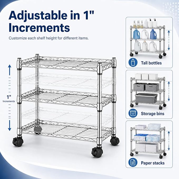 Simple Deluxe 3-Tier Storage Shelves, 750 Lbs Loading Capacity, 24.02" W x 13.78" D x 21.97" H Shelving Unit for Garage, Pantry and Kitchen, Chrome