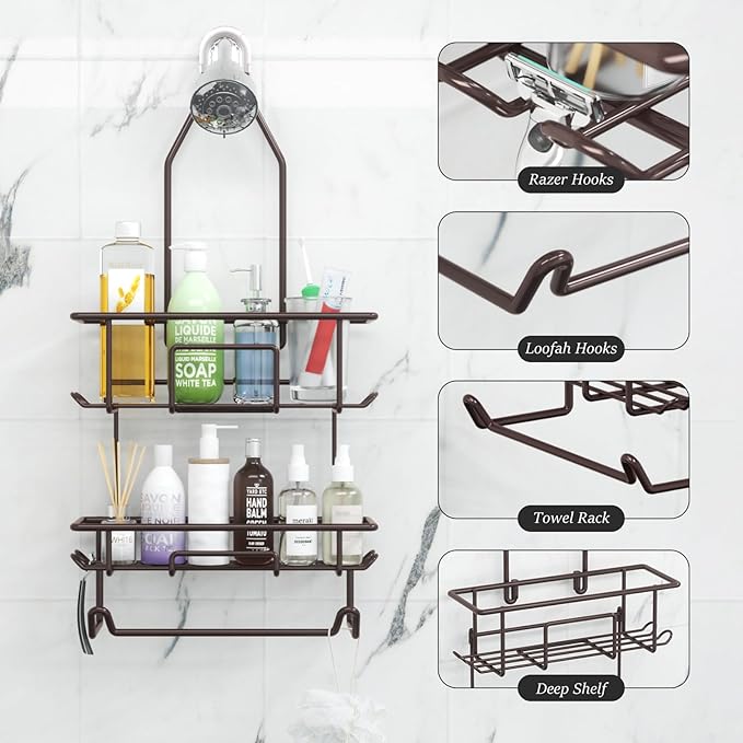 Shower Caddy Hanging over Shower Head Rust Roof Shower Organizer with 10 Hooks for Razor Shampoo Holder Bathroom Shower Rack Storage Shelf with Towel Bar – Bronze