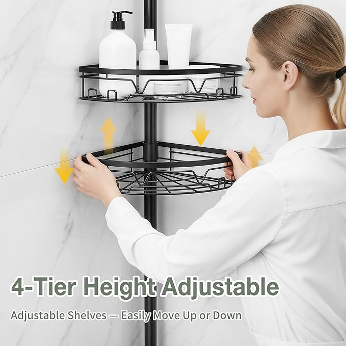 KEGII Corner Shower Caddy Tension Pole, 4-Tier Large Capacity Shower Shelves, Adjustable 52-114.2 Inch No-Drill Rustproof Corner Bathroom Organizer with Towel Bar, Hooks & Razor Holder, Black