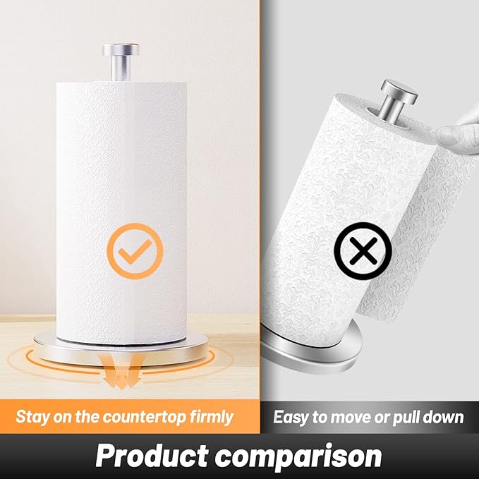 VEHHE Paper Towel Holder Countertop, Stainless Steel Paper Towel Holder Stand with Weighted Base Suction Cups, Standing Paper Towel Roll Holder for Kitchen Bathroom (Silver)
