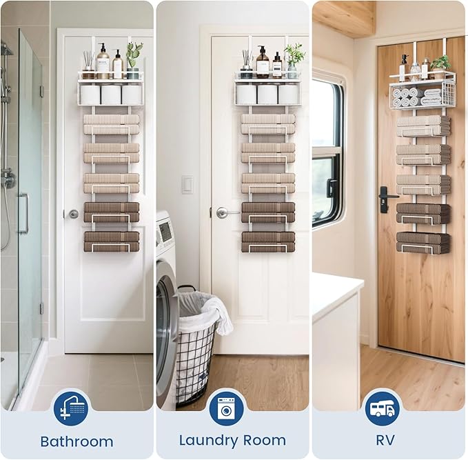 Aetyord Towel Racks for Bathroom Over The Door Towel Racks Towel Storage Organizer with Metal Shelf Basket for Bathroom Rv Camper (7-Tier White)